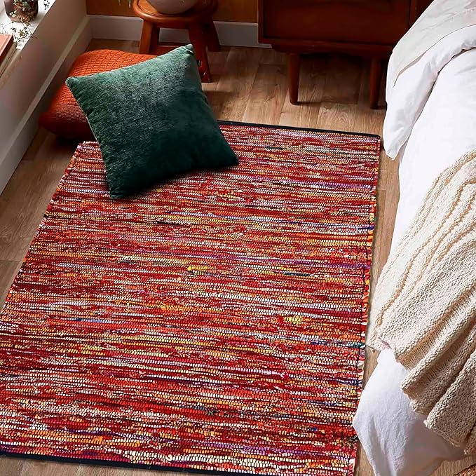 Cotton Hand Woven Area Rug 3x5 Feet - Multi, Reversible Bohemian Large Chindi Rag Rugs Ideal for Bedroom, Living Room, Nursery | Red Farmhouse Home & Office Floor Décor Mat for Dinning Space