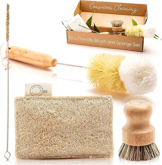 Bamboo Dish Brush Set – Eco Kitchen Cleaning Kit | Bottle Brush, Straw Brush, Scrubber & Sponge | Plastic-Free, Space-Saving, Sustainable