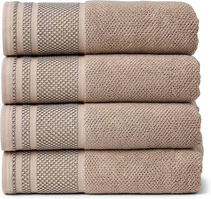 Texere 100% Organic Cotton Rice Weave Jacquard 700 GSM Luxury Bath Towel Sets - Ultra Soft and Absorbent Hotel and Spa Quality (Rice Weave, Oxford Tan, 4 Bath Towels)