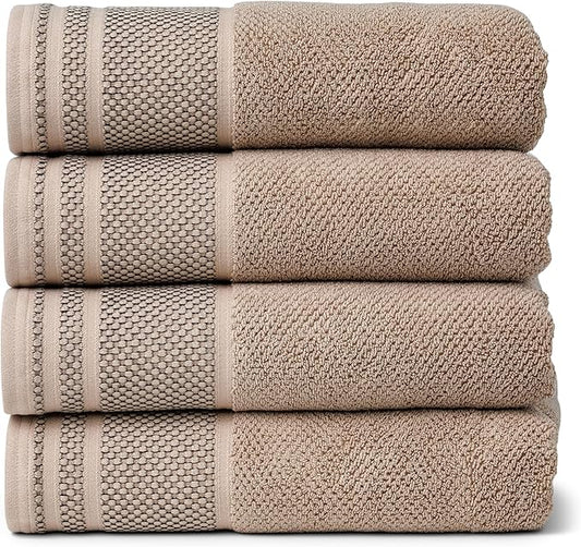 Texere 100% Organic Cotton Rice Weave Jacquard 700 GSM Luxury Bath Towel Sets - Ultra Soft and Absorbent Hotel and Spa Quality (Rice Weave, Oxford Tan, 4 Bath Towels)