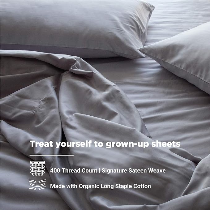 FABDREAMS 100% Organic Cotton Twin Sheet Set | 400 Thread Count |Luxury Hotel Collection|GOTS Certified Premium Long Staple Cotton|Elasticised 16" Deep Pockets|Smoother than Egyptian Cotton|Light Gray