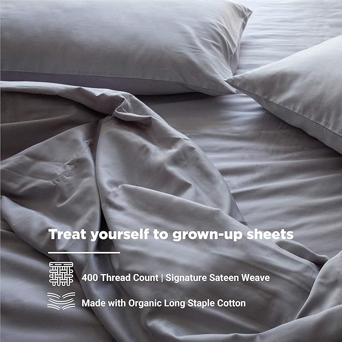 FABDREAMS 100% Organic Cotton California King Sheet Set | 400 Thread Count | Luxury Hotel Collection |GOTS Certified Long Staple Cotton|Elasticised Deep Pocket|Smoother than Egyptian Cotton|Light Gray