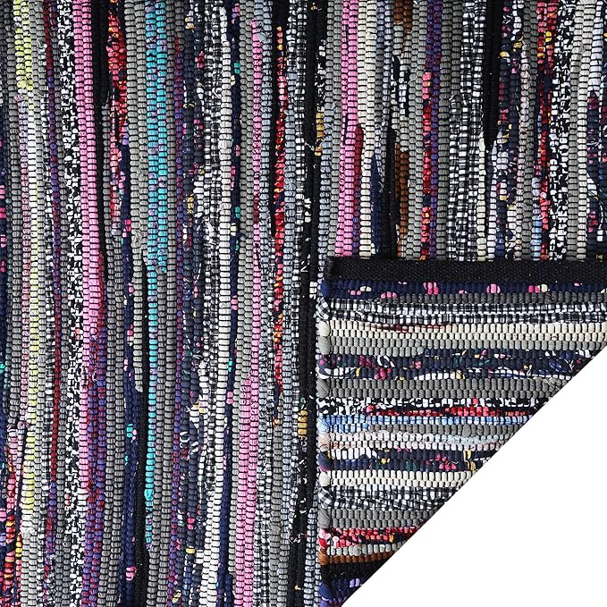 Ramanta Home 100% Cotton Chindi Hosiery Rug 24x36 Inch - Dark Multi, Farmhouse Reversible Soft Bohemeian Rugs Ideal for Entryways, Kitchen, Bedroom | Durable Lightweight Handmade Accent Doormat