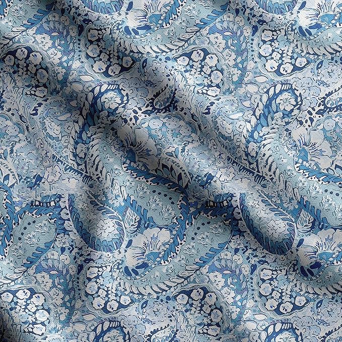 Soimoi Heavyweight Cotton Canvas Fabric Material - 56 Inch Wide, Blue - Asian Print, Ideal for Making Durable Tote Bags, Backpacks, Jackets, Upholstery, Cushions, Outdoor Furniture Covers, 1 Yard