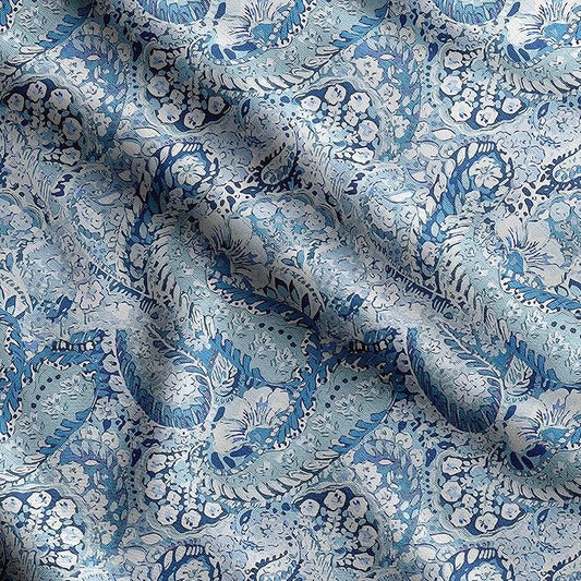 Soimoi Heavyweight Cotton Poplin Fabric Material, Blue - Asian Paisley Printed-42 Inch Width, Natural Cotton Material for Quilt Making, Dress, Skirt, Pajama, Pillowcases, Tablecloths, Kurtis, 1 Yard