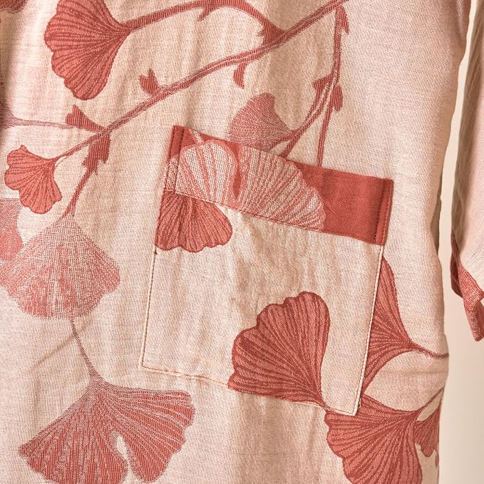 100% Cotton Gauze Ginkgo Leaf Kimono Robe, Long Knit Loose Bathrobe Nightgown Ladies Loungewear Sleepwear for Women