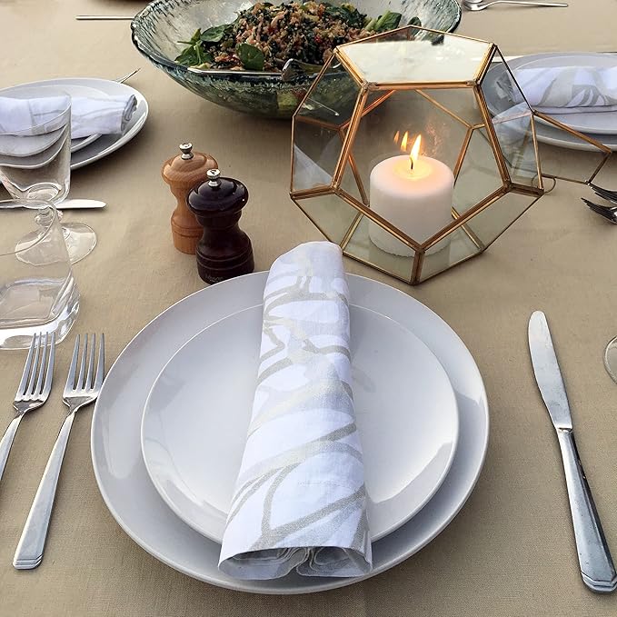 Huddleson Gold Silver White Printed White Printed Linen Napkin 20x20 (Set of Four) Luxury Italian Linen Napkin Sewn in US