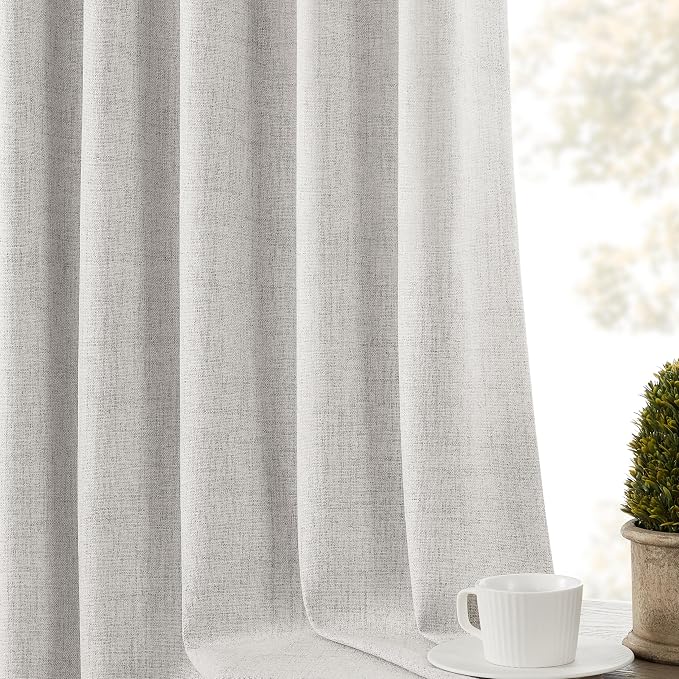 CUCRAF Custom Linen 100% Total Blackout Curtains, Greyish White Back Tab and Rod Pocket Curtain for Living Room Bedroom, Light Blocking Drapes Thermal Insulated 1 Panel (Custom Size, Color)