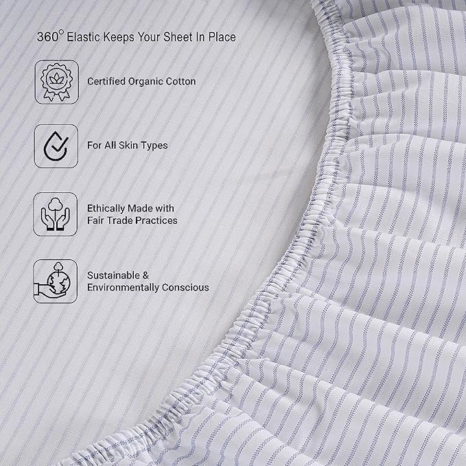 LANE LINEN 100% Organic Cotton Twin Size Fitted Sheet & Pillowcase (No Flat Sheet) - Soft & Breathable Percale Weave Fitted Sheet Set - 15'' Deep Pocket For Snug Fit - GOTS Certified - Ticking Stripe