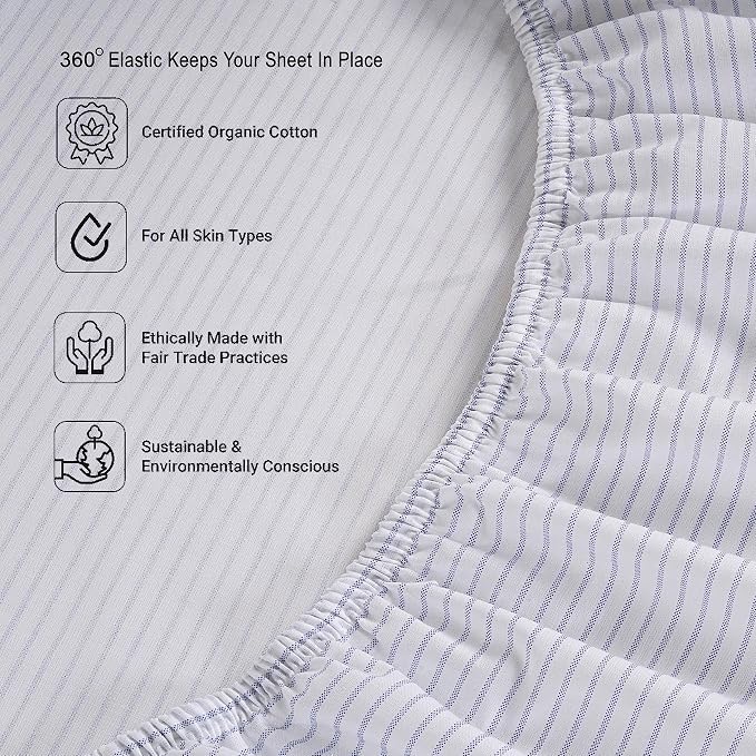 LANE LINEN Twin XL Fitted Sheet, 100% Organic Cotton 2-Piece Set (1 Fitted Sheet, 1 Pillowcase), Percale Weave, Bottom Sheet, Breathable, Fits Mattress Upto 15" Deep - Ticking Stripe (No Flat Sheet)