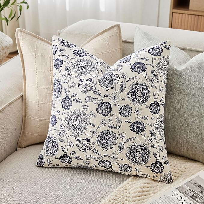 100% Cotton Botanical Throw Pillow Covers Set of 2, 16x16 Inch Navy, Farmhouse Double-Sided Floral Print Decorative Cushion Covers Pillow Cases Boho Home Decor