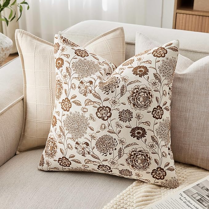 100% Cotton Botanical Throw Pillow Covers Set of 2, 16x16 Inch Brown, Farmhouse Double-Sided Floral Print Decorative Cushion Covers Pillow Cases Boho Home Decor