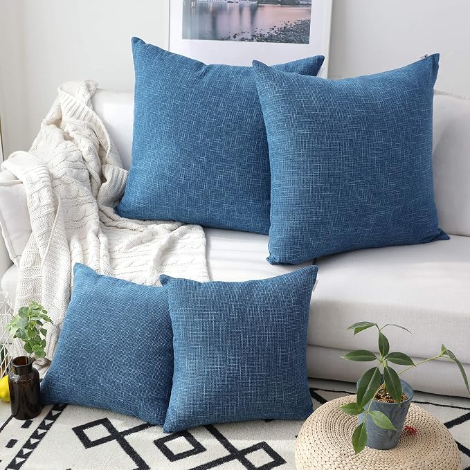 Kevin Textile Decorative Toss Pillow Case Star Striped Linen Cushion Cover for Sofa,Navy Blue,26x26-inch (66x66cm), 2 Packs