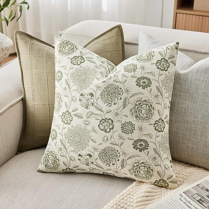 100% Cotton Botanical Throw Pillow Covers Set of 2, 24x24 Inch Moss, Farmhouse Double-Sided Floral Print Decorative Cushion Covers Pillow Cases Boho Home Decor