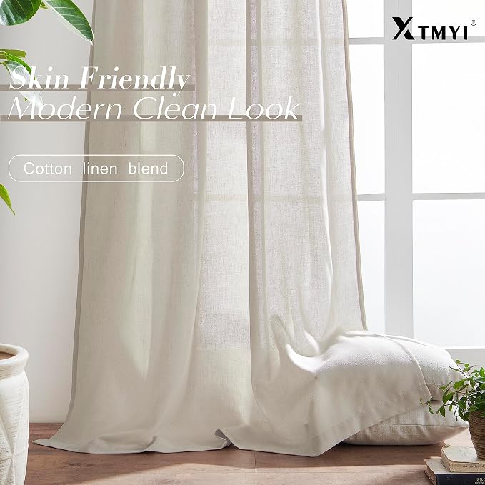 XTMYI Oatmeal Beige Back Tab/Hook Belt Linen Cotton Sheer Curtains 72 Inch Length for Bedroom 2 Panels Set