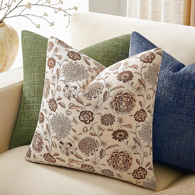 100% Cotton Botanical Throw Pillow Covers Set of 2, 18x18 Inch Chocolate, Farmhouse Double-Sided Floral Print Decorative Cushion Covers Pillow Cases Boho Home Decor