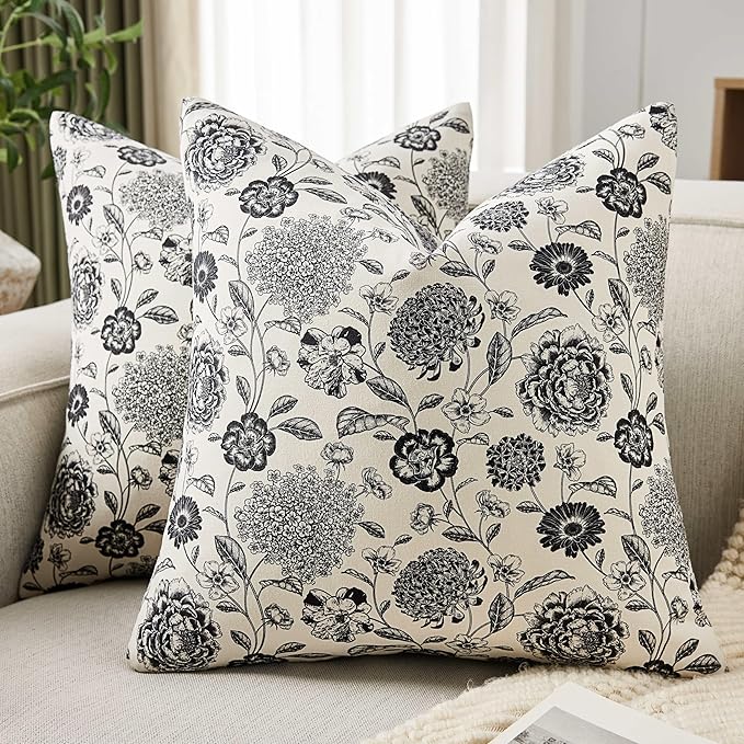 100% Cotton Botanical Throw Pillow Covers Set of 2, 22x22 Inch Black, Farmhouse Double-Sided Floral Print Decorative Cushion Covers Pillow Cases Boho Home Decor