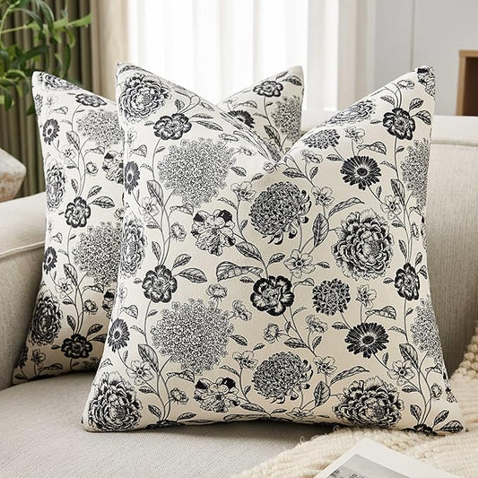 100% Cotton Botanical Throw Pillow Covers Set of 2, 22x22 Inch Black, Farmhouse Double-Sided Floral Print Decorative Cushion Covers Pillow Cases Boho Home Decor