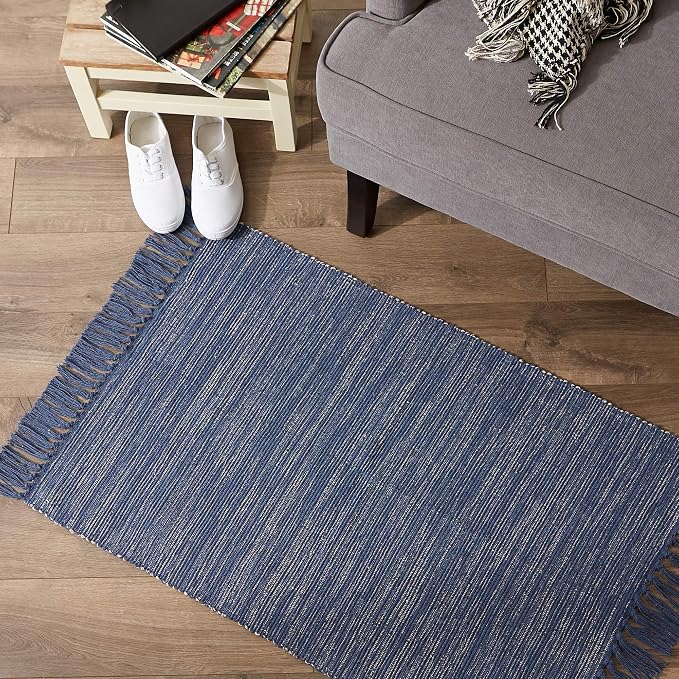 DII Woven Rugs Collection Ribbed Reversible Cotton, 2x3', French Blue & Off-White