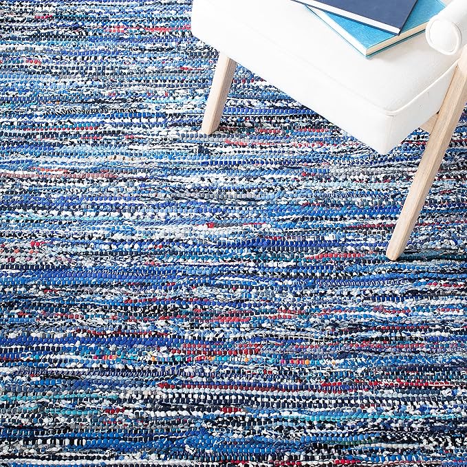 SAFAVIEH Rag Rug Collection Area Rug - 6' Square, Blue & Multi, Handmade Boho Stripe Cotton, Ideal for High Traffic Areas in Living Room, Bedroom (RAR128B)
