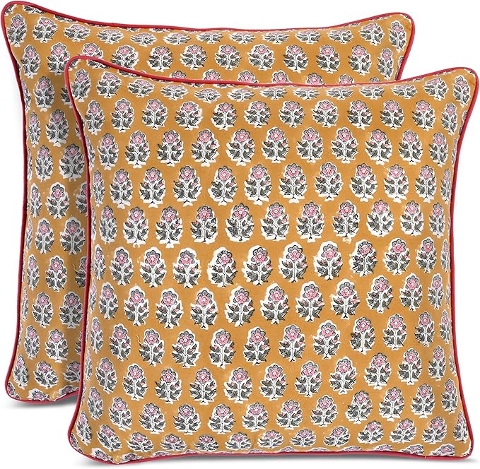 CPC 100% Cotton Throw Pillow Covers 20x20 Inch, Set of 2 Yellow Block Print Pattern Couch Pillow, Cute Boho Decorative Pillows for Living Room, Bedroom with Hidden Zipper- Yellow Citrine