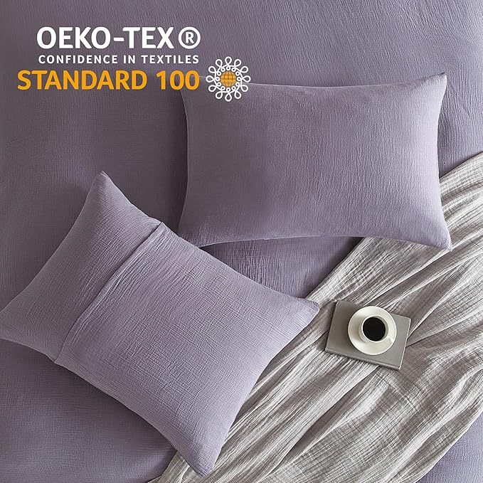 SE SOFTEXLY Muslin Duvet Cover Queen Size, 100% Washed Cotton Duvet Cover Set, Ultra Soft Comforter Cover Linen Like, 3 Pieces Minimalist Gauze Duvet Cover with 2 Pillowcases, 90"x90", Purple Grey