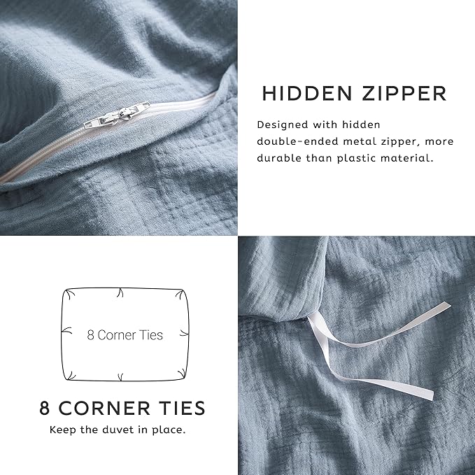 SE SOFTEXLY Muslin Duvet Cover King Size, 100% Washed Cotton Duvet Cover Set, Ultra Soft Comforter Cover Linen Like, 3 Pieces Minimalist Gauze Duvet Cover with 2 Pillowcases, 90"x104", Blue