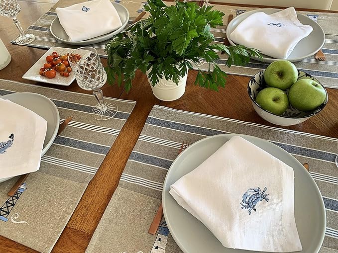 White Linen Dinner Napkins - 100% Linen Cloth - Fully Hemmed with Mitered Corners - Washable - Pack of 4 (Nautical Marine Embroidered)