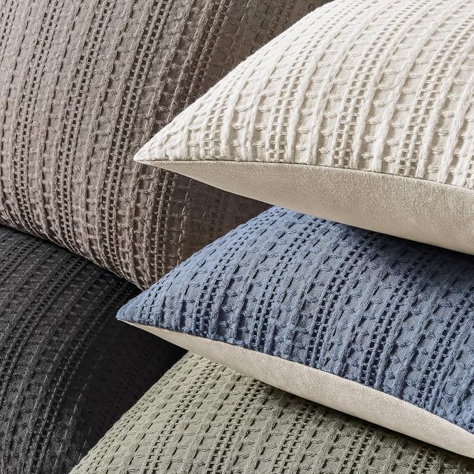 ZeeMart 100% Cotton Waffle Textured Throw Pillow Covers Set of 2, 24x24 Inch Ivory, Soft Farmhouse Decorative Couch Pillow Cases Off White Cushion Covers for Sofa Bed Living Room Home Decor