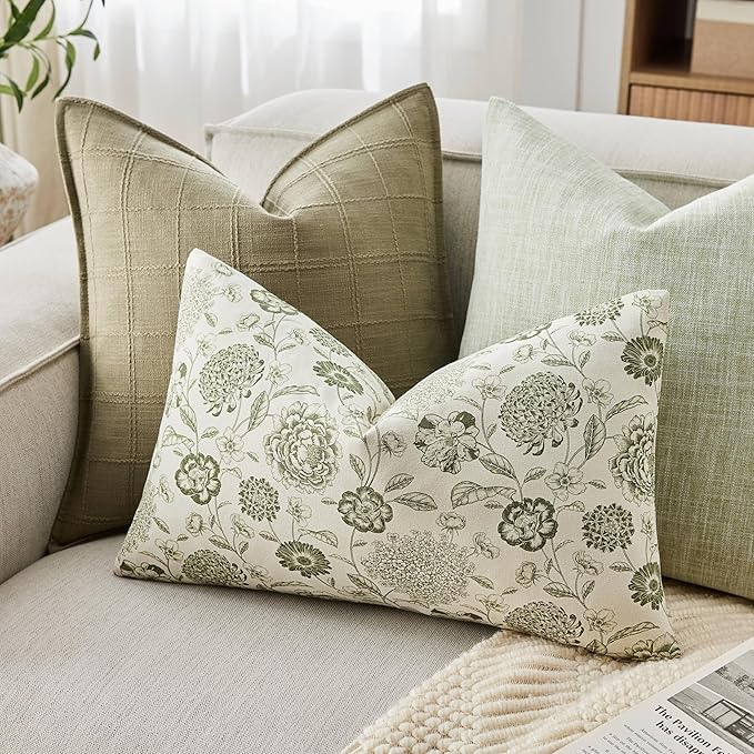 100% Cotton Botanical Lumbar Throw Pillow Covers Set of 2, 12x20 Inch Moss, Farmhouse Double-Sided Floral Print Decorative Cushion Covers Pillow Cases Boho Home Decor