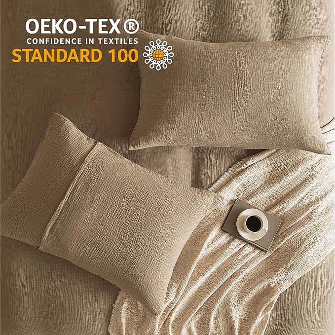 SE SOFTEXLY Muslin Duvet Cover Oversized King Size, 100% Washed Cotton Duvet Cover Set, Ultra Soft Comforter Cover Linen Like, 3 Pieces Gauze Duvet Cover with 2 Pillowcases, 98"x120", Light Brown