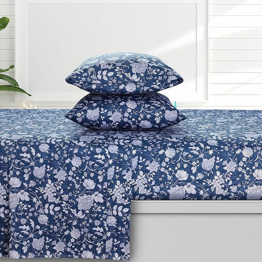 AZORES HOME King Organic Cotton Sateen Sheet Set - Deep Pocket, 300 Thread Count, 4-Piece Luxury Bedding, Kate Dark Blue