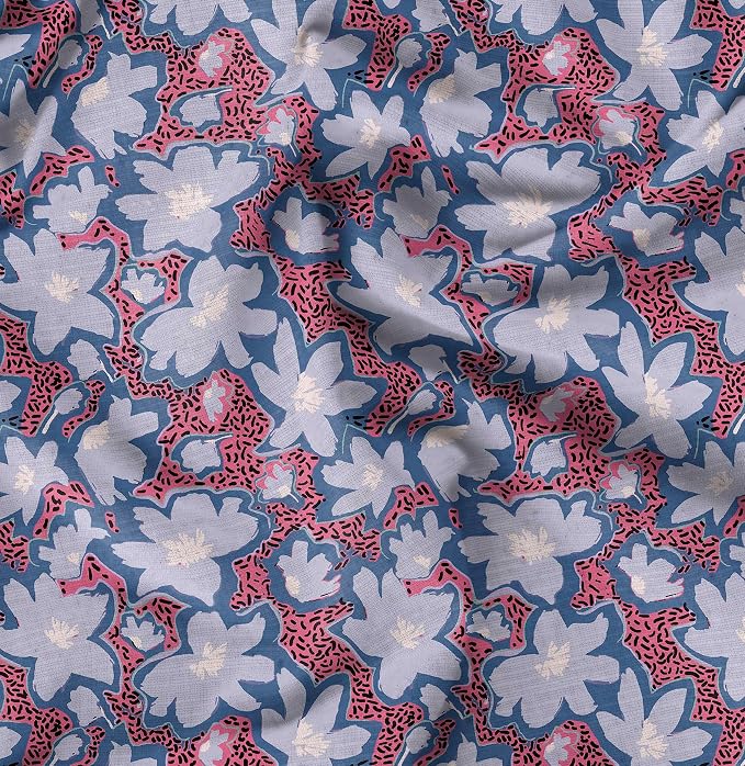 Soimoi Lightweight Velvet Fabric - Blue - Floral Print, Unstitched Material - 58" Wide, Perfect Fabric for Upholstery, Fashion and Craft Projects, 1 Yard