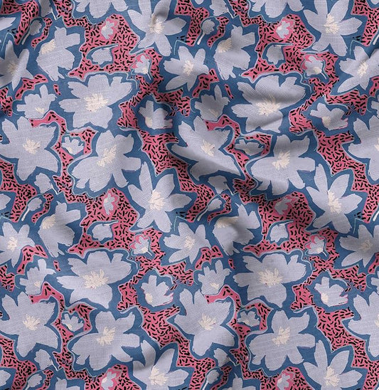 Soimoi Heavyweight Cotton Poplin Fabric Material, Blue - Floral Printed - 42" Inch Width, Natural Cotton Material for Quilt Making, Dresses, Skirts, Pajamas, Pillowcases, Tablecloths, Kurtis, 1 Yard