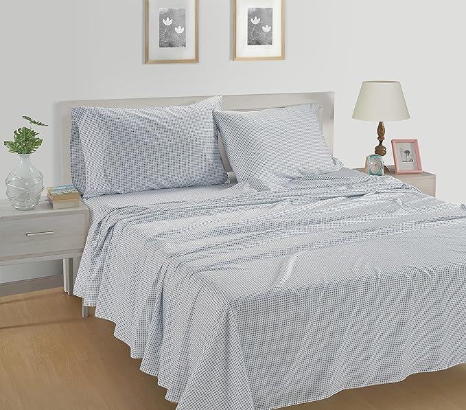 LANE LINEN 100% Organic Cotton Pre Washed Extra Long Twin Sheets Low Pill Fade Resistant Macine Wash Naturally Temperature Regulating Printed Cotton Sheets Twin XL Bed Sheets- Polka Dot Blue