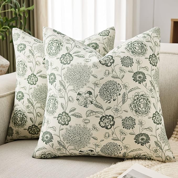 100% Cotton Botanical Throw Pillow Covers Set of 2, 22x22 Inch Olive, Farmhouse Double-Sided Floral Print Decorative Cushion Covers Pillow Cases Boho Home Decor