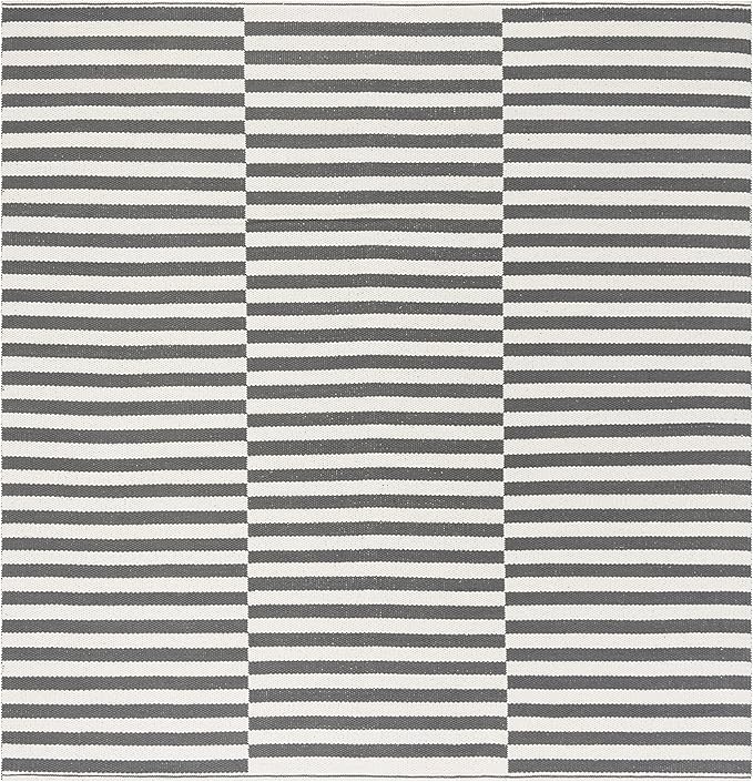 SAFAVIEH Montauk Collection Area Rug - 6' Square, Ivory & Grey, Handmade Stripe Cotton, Ideal for High Traffic Areas in Living Room, Bedroom (MTK715A)