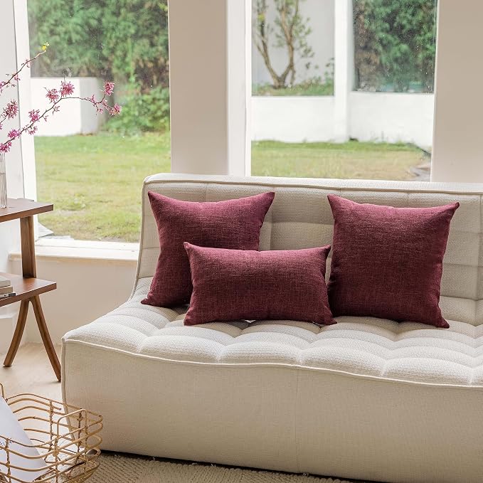 Home Brilliant 24x24 Euro Sham Pillow Covers Textured Lined Linen Throw Pillow Covers Decorative Vintage Pillow Cases for Wedding, 24 x 24 Inch, Set of 2, Wine Red