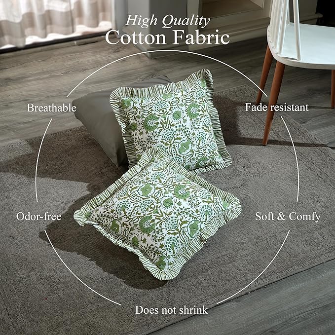 CPC Block Print Ruffle Throw Cover Agate Green 18"x18" Inch Pack of 2-100% Cotton Ruffle Couch Decorative Boho Pillows Case for Living Room, Bedroom, Sofa, Farmhouse Gift for Spring, Mother's Day