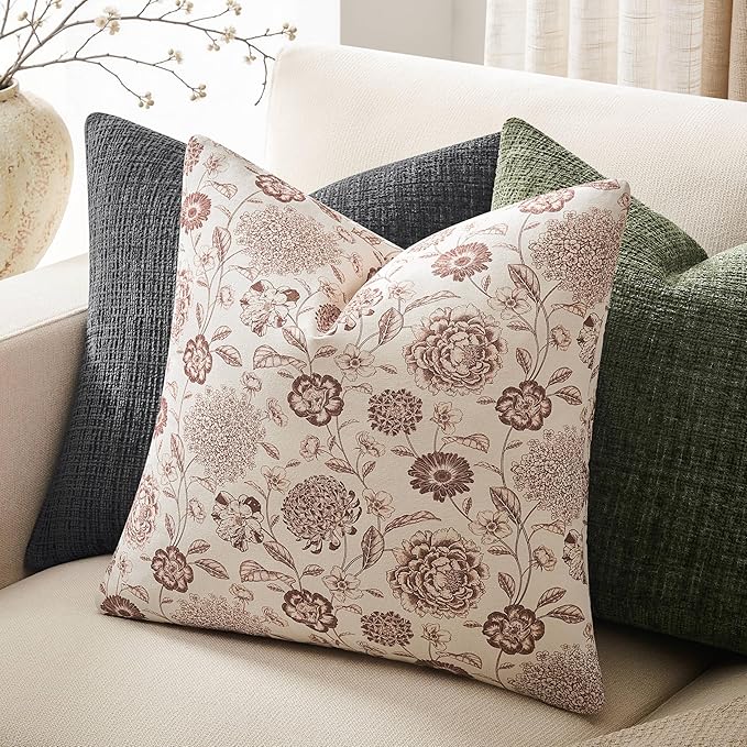 100% Cotton Botanical Throw Pillow Covers Set of 2, 18x18 Inch Taupe, Farmhouse Double-Sided Floral Print Decorative Cushion Covers Pillow Cases Boho Home Decor