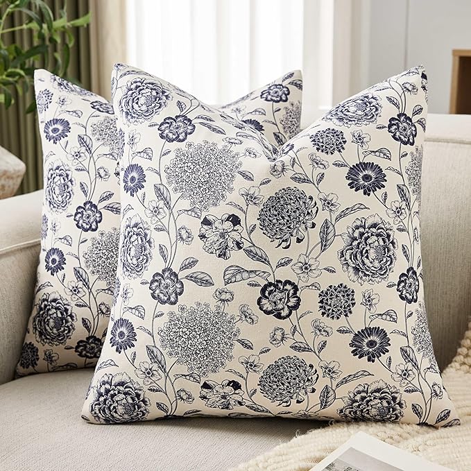 100% Cotton Botanical Throw Pillow Covers Set of 2, 24x24 Inch Navy, Farmhouse Double-Sided Floral Print Decorative Cushion Covers Pillow Cases Boho Home Decor