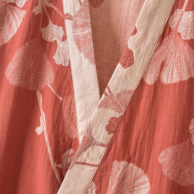 100% Cotton Gauze Ginkgo Leaf Kimono Robe, Long Knit Loose Bathrobe Nightgown Ladies Loungewear Sleepwear for Women
