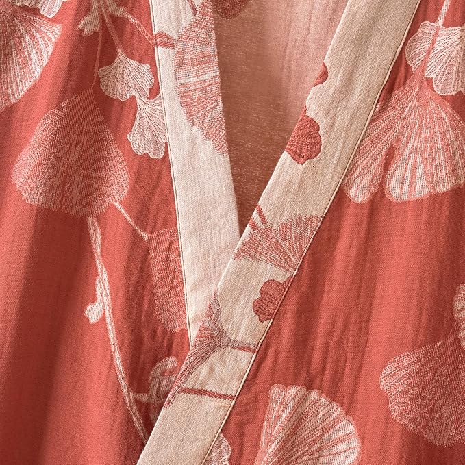 100% Cotton Gauze Ginkgo Leaf Kimono Robe, Long Knit Loose Bathrobe Nightgown Ladies Loungewear Sleepwear for Women