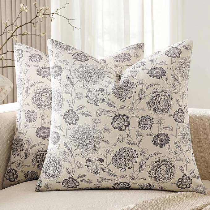 100% Cotton Botanical Throw Pillow Covers Set of 2, 20x20 Inch Grey, Farmhouse Double-Sided Floral Print Decorative Cushion Covers Pillow Cases Boho Home Decor