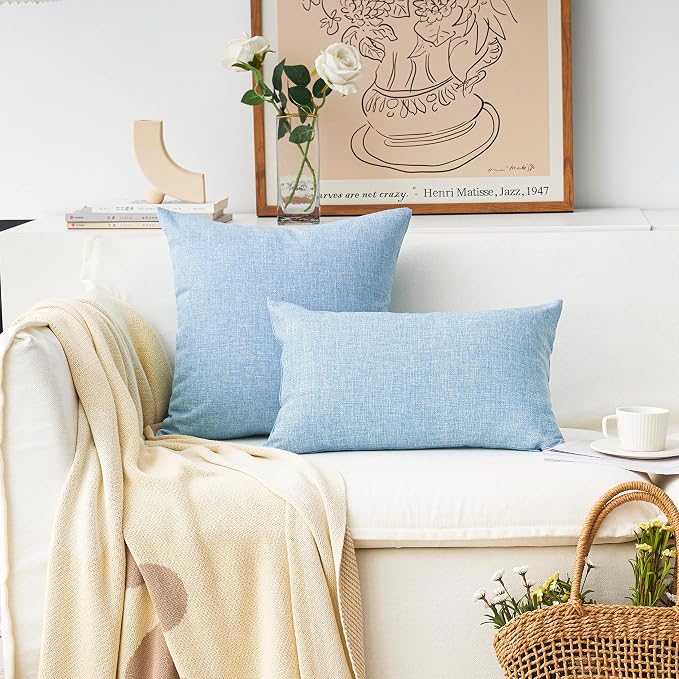 Home Brilliant Lined Linen Cushion Covers Set of 2 Decorative Throw Pillow Covers for Bench, 18 x 18 inch, Light Blue