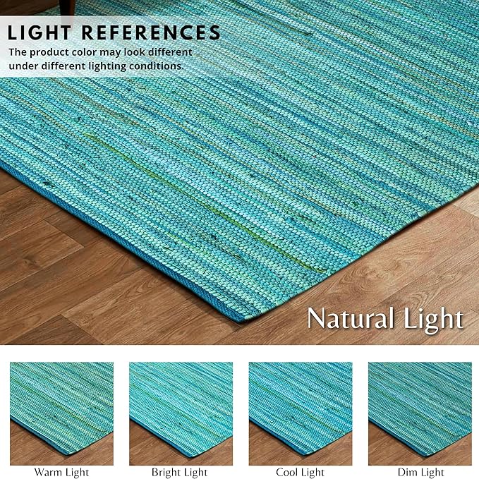 Cotton Hand Woven Chindi Rug 3x5 Feet - Teal, Reversible Large Durable Handmade Rag Dhurrie Ideal for Hallway, Kitchen, Living Room | Green Farmhouse Decorative Rectangular Floor Mat for Balcony