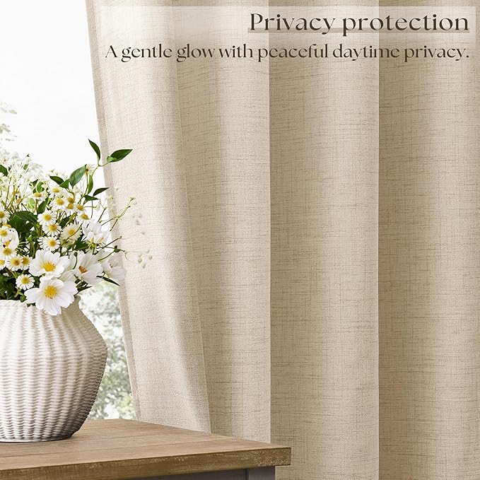 Warm Beige Oatmeal Linen Curtains 96 Inch Length 2 Panels Set Sand Ecru Light Filtering Semi Sheer Grommet Drapes Thick Linen Privacy Floor to Ceiling Length Curtain Living Room 8ft