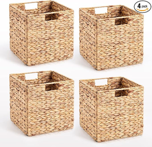 10.5 x 10.5in Wicker Storage Baskets, Cube Foldable Water Hyacinth Storage Baskets for 11 x 11 Cube Shelves Set of 4