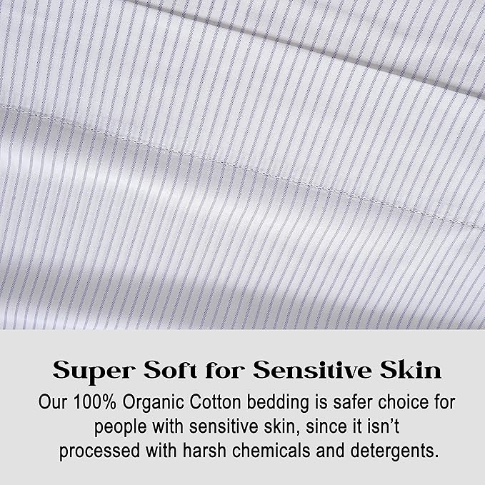 LANE LINEN 100% Organic Cotton Twin Size Fitted Sheet & Pillowcase (No Flat Sheet) - Soft & Breathable Percale Weave Fitted Sheet Set - 15'' Deep Pocket For Snug Fit - GOTS Certified - Ticking Stripe