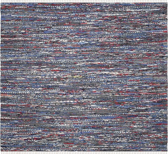 SAFAVIEH Rag Rug Collection Area Rug - 6' Square, Blue & Multi, Handmade Boho Stripe Cotton, Ideal for High Traffic Areas in Living Room, Bedroom (RAR128B)